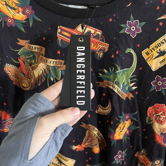 Dangerfield Dinosaur Dress Size 18 Tattoo Print Shirt Dress Length Cap Sleeve - Picture 5 of 7